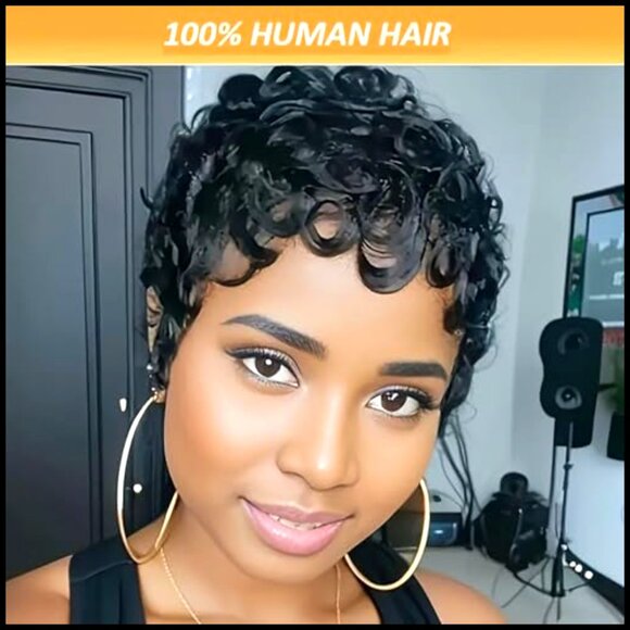 Short Layered Pixie Human Hair Wig Glueless Machine Made Natural Black main image 7